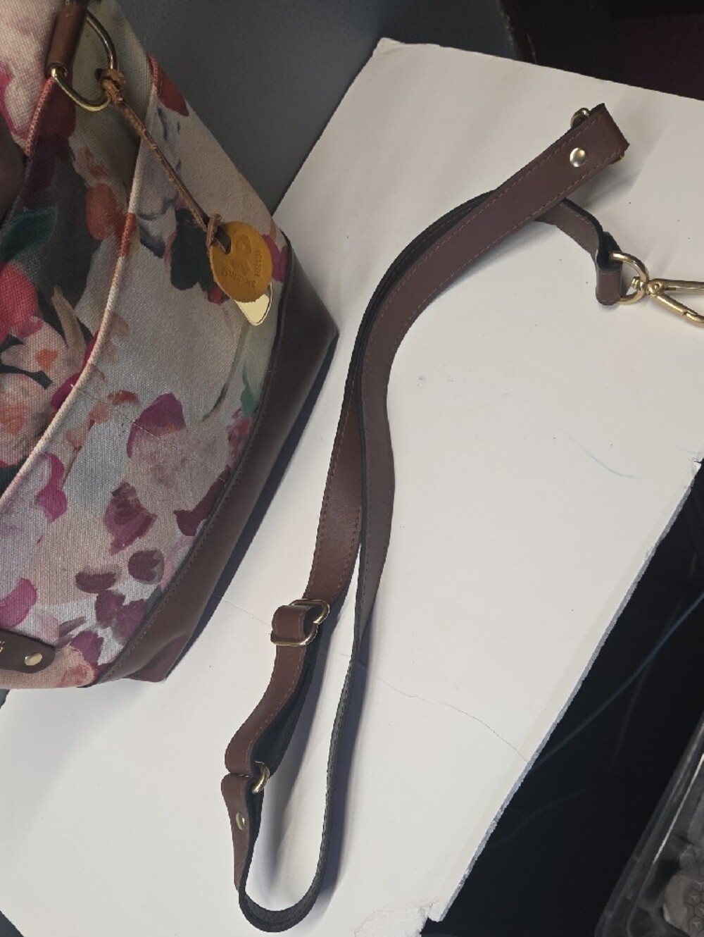 R. Riveter Floral Canvas Tote in Pink and Cream with Brown Trim - Picture 10 of 10